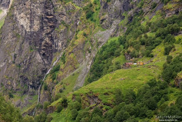Almhütten inmitten steil abfallender Felswände, Flusslauf des Aurlandselvi, eingeschnittenes Tal, Aurlandsdalen, Aurlandsdalen, Norwegen