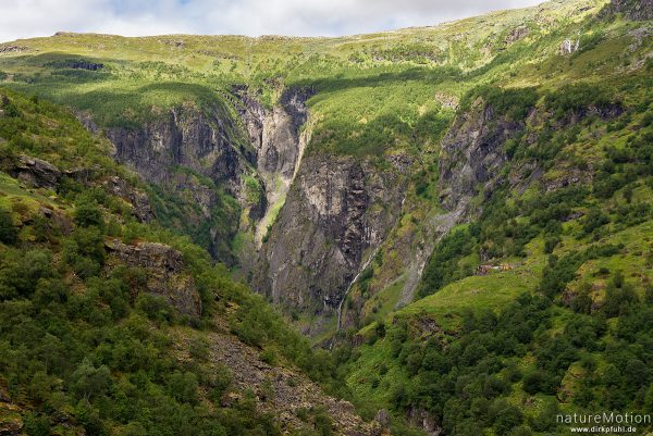 Almhütten inmitten steil abfallender Felswände, Flusslauf des Aurlandselvi, eingeschnittenes Tal, Au, Aurlandsdalen, Norwegen
