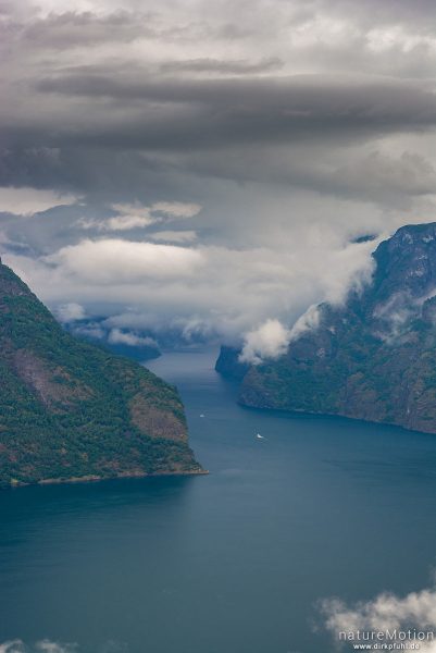 Aurlandsfjord mit durchziehenden Regenwolken, Aussichtspunkt Stegastein oberhalb von Aurland, Aurland, Norwegen