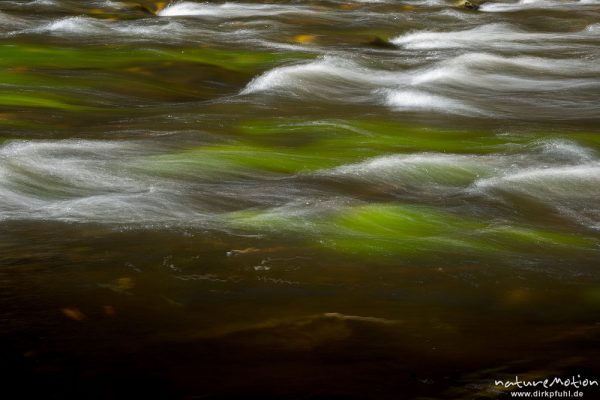 strömendes Wasser, Muster aus Wellen und grünem Algenbewuchs, Bode, Bodetal, Harz, Deutschland