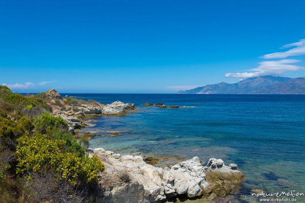 Felsküste und blaues Meer, Cap Corse, Bucht von Saint Florent, Korsika, Frankreich