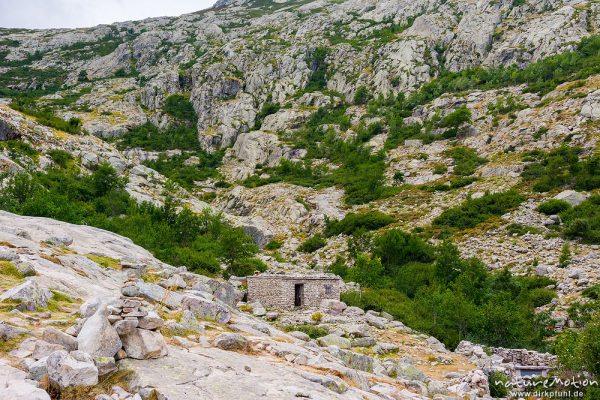 Bergerie de Colga, Steinhütte im Felsmeer, Wanderung Forsthaus Poppaghia zum Lac de Nino, Korsika, Frankreich