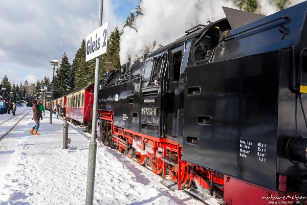 Dampflokomotive, Harzer Schmalspurbahn, Brockenbahn, Bahnhof Schierke, Winter, Schnee, Harz, Deutschland