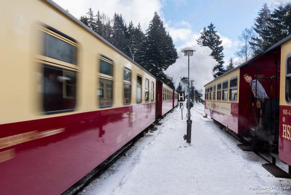 Dampflokomotive, Harzer Schmalspurbahn, Brockenbahn, Bahnhof Schierke, Winter, Schnee, Harz, Deutschland