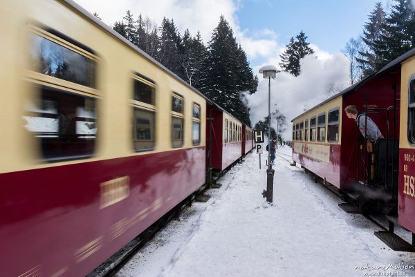 Dampflokomotive, Harzer Schmalspurbahn, Brockenbahn, Bahnhof Schierke, Winter, Schnee, Harz, Deutschland