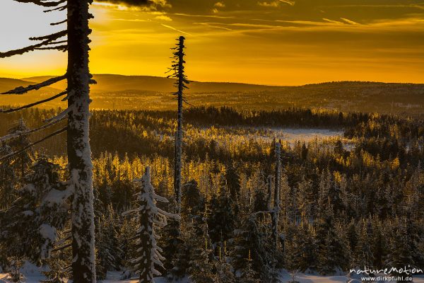 Sonnenuntergang über dem Harz, Blick von der Brocken Westflanke nach Westen, Brocken, Harz, Deutschland