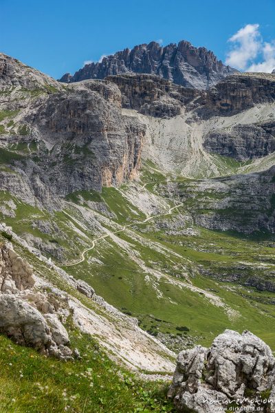 Wanderweg zur Büllelejochhütte, Blick auf den Elferkofel, Dolomiten, Italien
