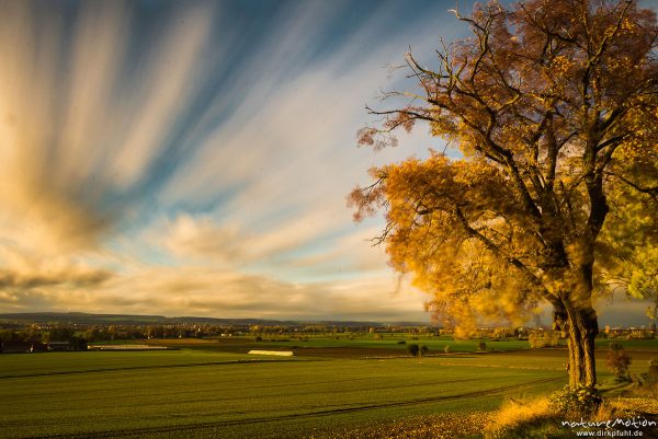 Wolken ziehen über herbstliche Landschaft, Leineauen, lange Belichtungszeit, Göttingen, Deutschland