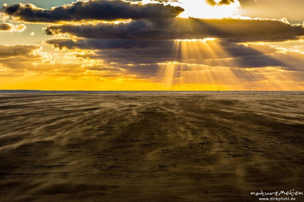 Sonnenuntergang über dem Meer, wehender Sand, Hohes Riff, Borkum, Deutschland