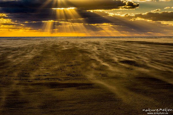 Sonnenuntergang über dem Meer, wehender Sand, Hohes Riff, Borkum, Deutschland