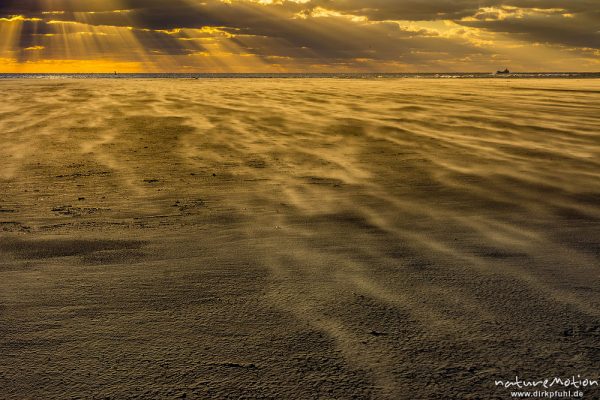 Sonnenuntergang über dem Meer, wehender Sand, Hohes Riff, Borkum, Deutschland