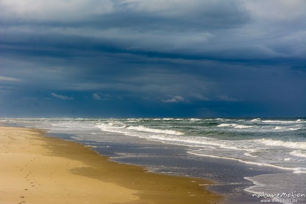 auflaufendes Wasser am Strand, Regenwolken, Spülsaum, Nordstrand, Borkum, Deutschland