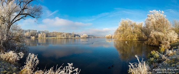 zugefrorener See, Bäume am Ufer mit Raureif bedeckt, Kiessee, Göttingen, Deutschland