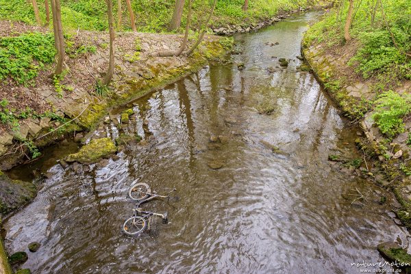 Fahrrad im Wasser, Fahrrad wurde in Bachlauf der Grone geworfen, Levinscher Park, Göttingen, Deutschland