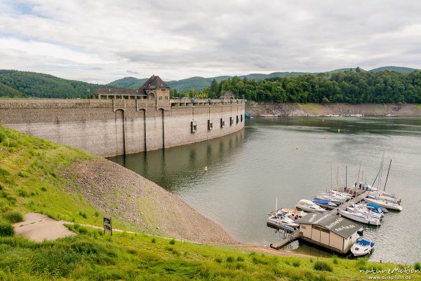 Staumauer, Staudamm, Edersee, sehr niedriger Wasserstand, Waldeck, Deutschland