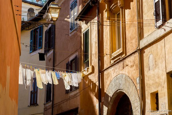 Wäsche auf Wäscheleine zwischen Häusern, Strassen und Häuserzeilen im Viertel Trastevere, Rom, Italien