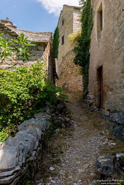 alte Steinhäuser in fast verlassener Siedlung, Hautes Rieves, Wanderung entlang der Ufer des Tarn zwischen La Malene und Saint-Chely-du-Tarn, Gorges du Tarn, Florac, Frankreich