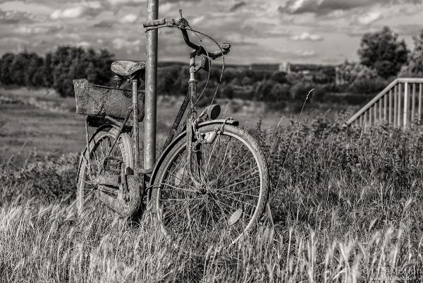 altes Fahrrad, schlammbedeckt und verrostet, wurde aus Becken eines Stauwehr geholt und abgestellt, Flütewehr, Göttingen, Deutschland