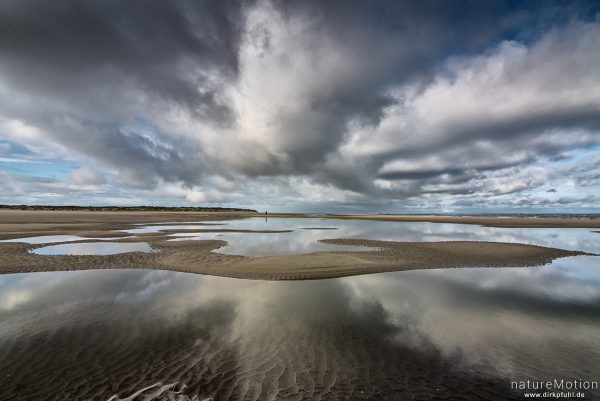 Strand mit Prielen, Wolken spiegeln sich im Wasser, Spiekeroog, Deutschland