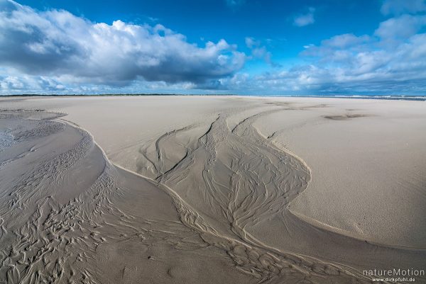 Priel mit Sandmustern, Wolken, Spiekeroog, Deutschland
