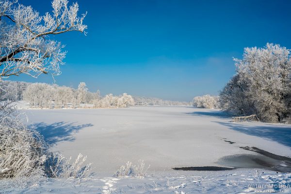 Kiessee, zugefroren und Ufervegetation mit Raureif bedeckt, Göttingen, Deutschland