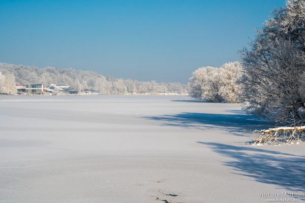 Kiessee, zugefroren und Ufervegetation mit Raureif bedeckt, Göttingen, Deutschland