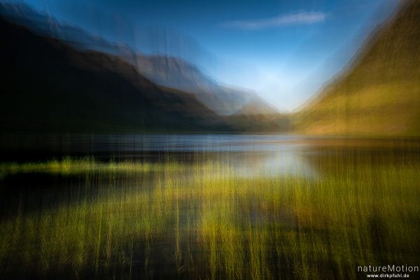 Loch Achtriochtan, Schilf und Wasserpflanzen im Abendlicht, Glencoe, Schottland