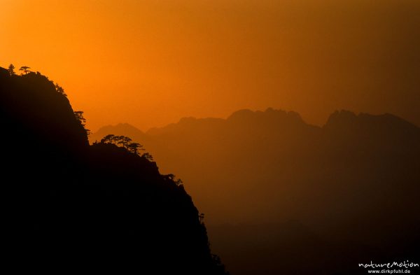 Silhouette eines baumbestandenen Grates, Bergzüge im Abendrot, Caruzzo-Hütte, Korsika, Frankreich