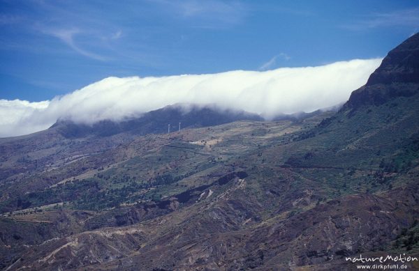 Passatwolken fließen einen Berghang hinab, Gomera, Spanien