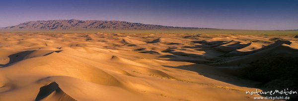 Wanderdünen, am Horizont flacher Gebirgsrücken, Chongorin Els, Mongolei