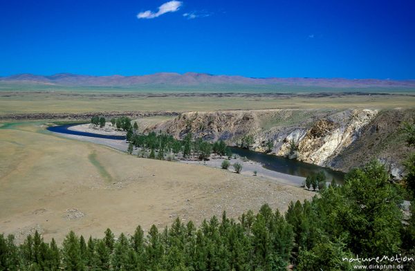 Tal des Orchon, Abbruchkante und Lerchenwald, Changai, Mongolei