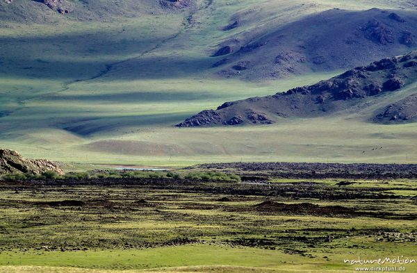 Steppe mit Lavazungen, Hügelzüge, Vulkan Chorgo, Teijin-Tsagan-Nuur, Mongolei, Changai, Mongolei
