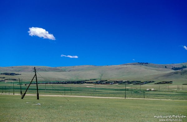 Jurtensiedlung am Hang eines Höhenzuges, Stromleitungen, Changai, Mongolei