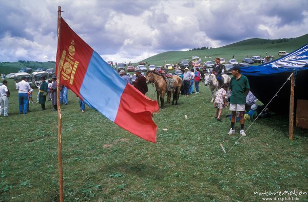 Fahne der Mongolei auf dem Festplatz, Ulaanbaatar – Ulan Bator, Mongolei