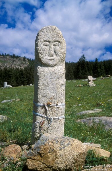 Steinstele mit graviertem Kopf, Kloster im Tal von Mandshir, Ulaanbaatar - Ulan Bator, Mongolei