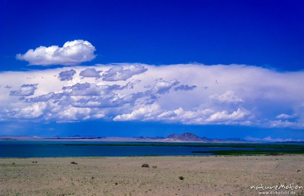 Salzsee von Mongol Els, Wolken über weiter Steppe, karge Halbwüste, Nord-West-Gobi, Wüste Gobi, Mongolei