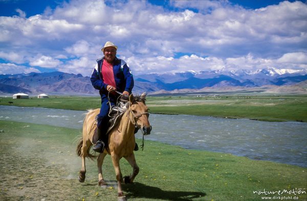 Kasachischer Nomade reitet am Fluss, im Hintergrund der Altai, Chowd, Mongolei