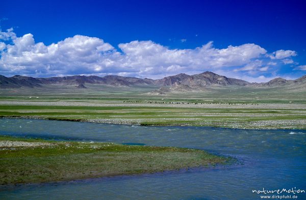 Fluss in der Steppe, kahle Höhenzüge am Rand des Altai, Bujant Gol, Chowd, Mongolei
