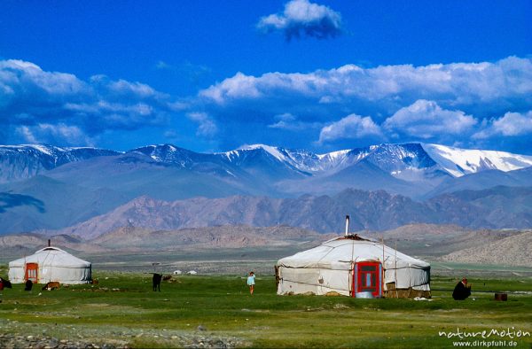 zwei Jurten vor schneebedeckten Berggipfeln, Altai - Gebirge, Mongolei