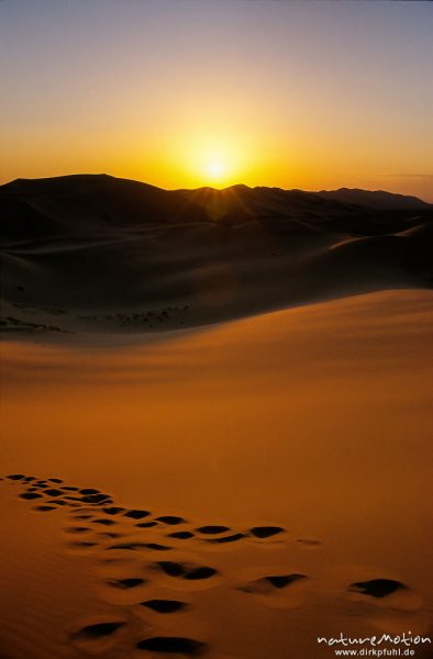 Fussspuren im Sand, Licht- und Schattenspiele in den Wanderdünen von Chongorin Els, Abendlicht, Chongorin Els, Mongolei