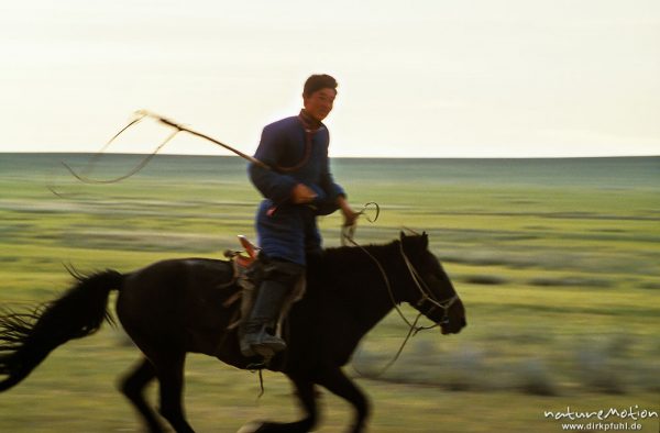 reitender Junge mit Urga, Holzstab mit Schlinge, Wüste Gobi, Mongolei