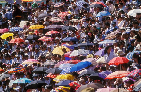Zuschauer mit bunten Regenschirmen, Stadion von Ulaanbaatar, ,