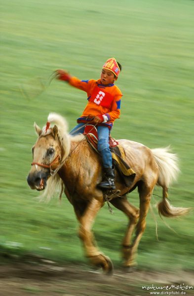 der Sieger, Junge auf Pferd beim Zieleinlauf, mitgezogen, , Mongolei