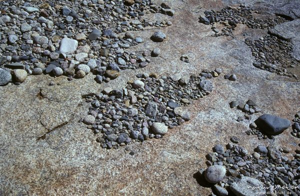 Steine / Kiesel auf Felsplatten, Tavignano-Tal, Korsika, Frankreich