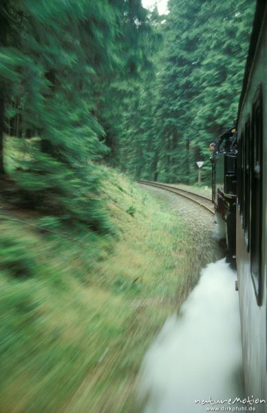 Zugfahrt mit der Harzer Schmalspurbahn, Blick aus Waggonfenster entlang des Zuges nach vorn zur Dampflok, Harz, Deutschland