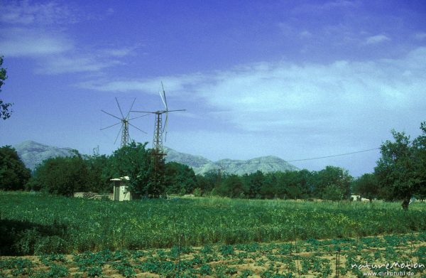 Windräder, Acker, Lassitti-Hochebene, Kreta, Griechenland