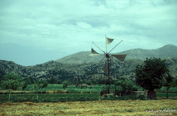 Windräder, Acker, Lassitti-Hochebene, Kreta, Griechenland