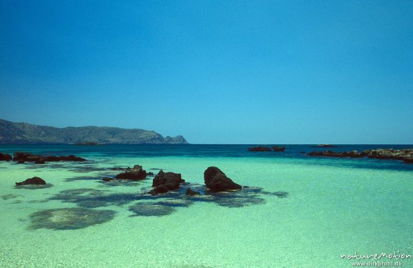 schwarze Felsen, blaues Meer, Strand von Elafonissos bei Sugia, Kreta, Griechenland