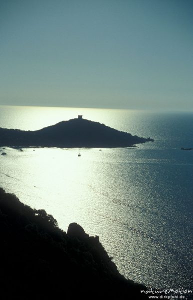 Genuesenturm, Tour de Campomoro, Abendlich mit spiegelndem Meer, Korsika, Frankreich