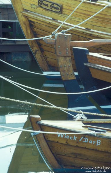 vertäute Rümpfe von Holzbooten, alter Hafen von Born, Darß, Zingst, Deutschland